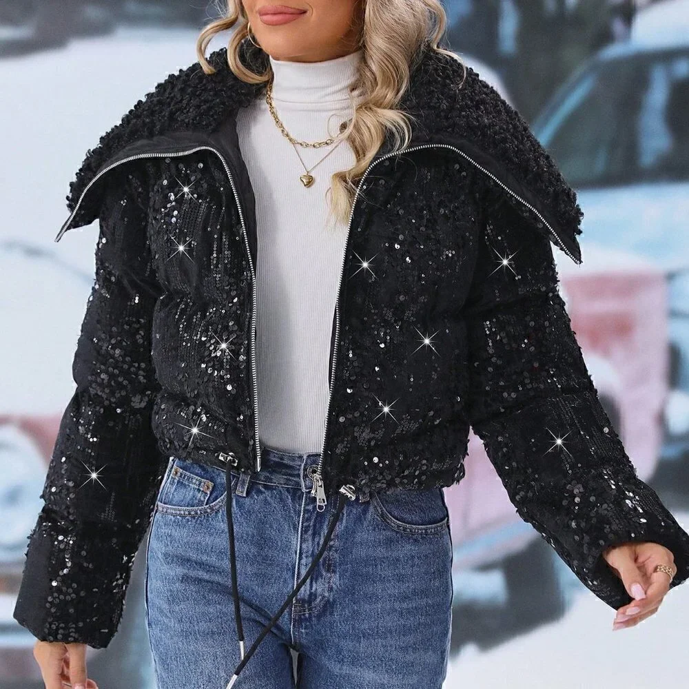 Black Preppy Drawstring Hem Drawstring Hem Zipper Hooded Sequin Puffer Coat